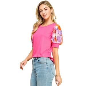 Les Amis Hot Pink Floral Sleeve Top - Size Medium